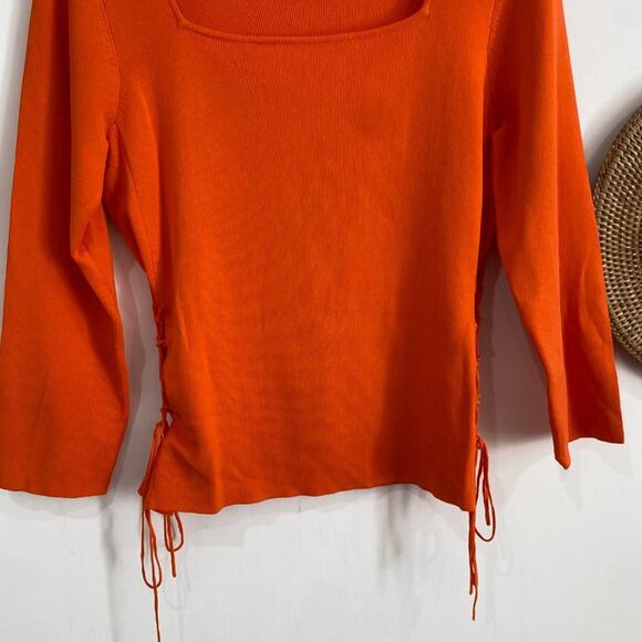 Y2K 2000s Cable & Gauge Orange Side Cinched Ruched Square Neck Knit Sweater L - Picture 4 of 7